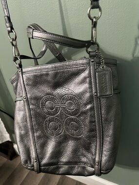 Coach Metallic Pewter Leather Shoulder Tote